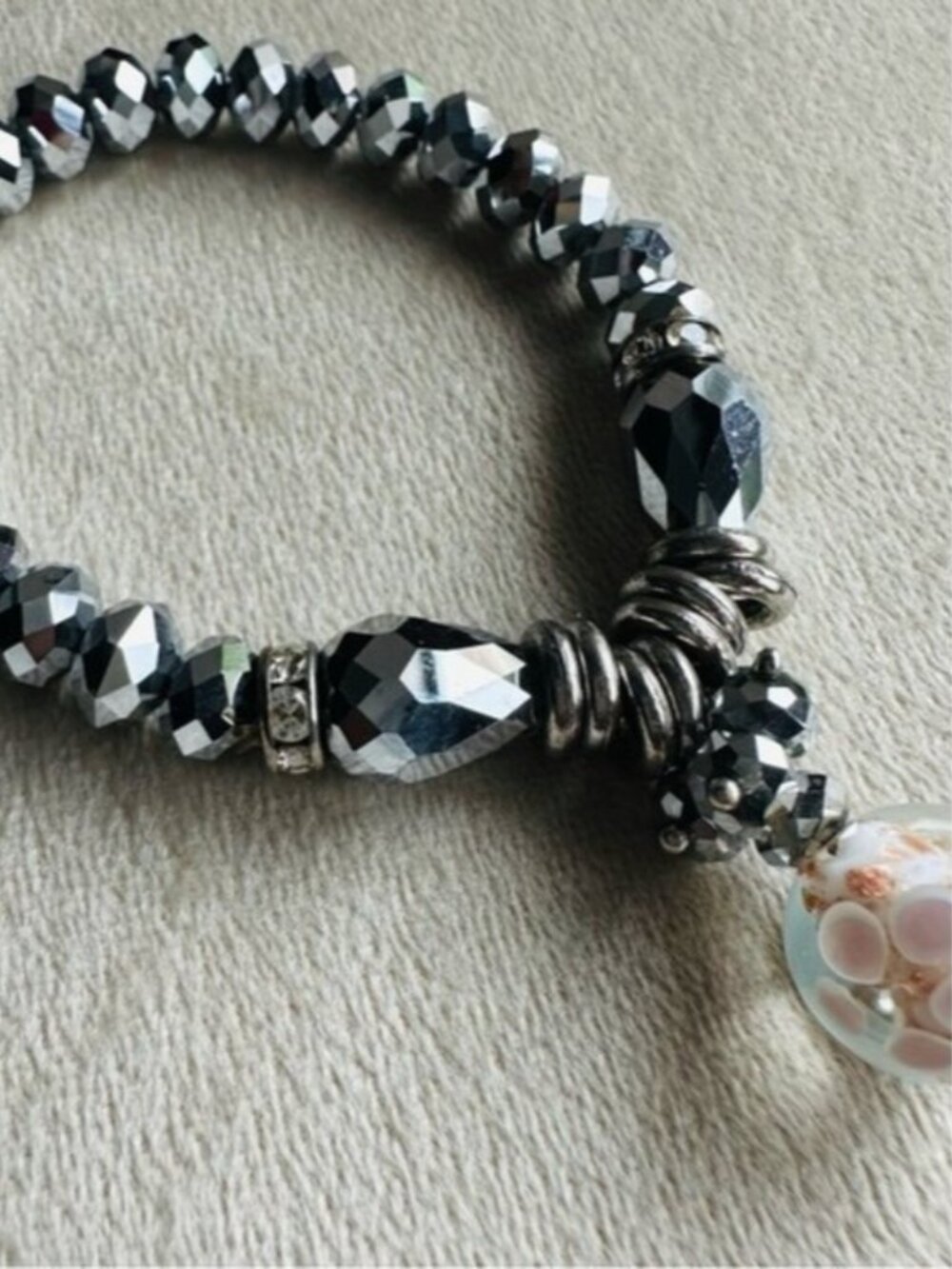 Silver Faceted Beaded Stretch Bracelet with Glass Charm | Boho Statement